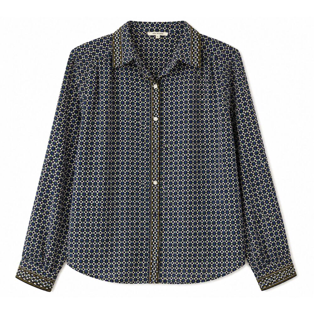 Max Studio Navy Blue Geometric Tile Blouse Button Down Long Sleeve Careerwear L